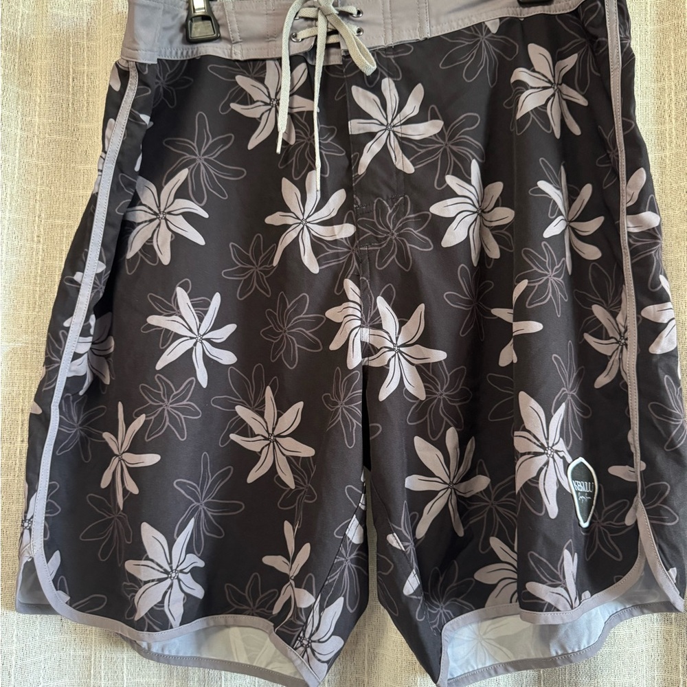 Men's Black Floral Hybrid Board Shorts with Gray Trim